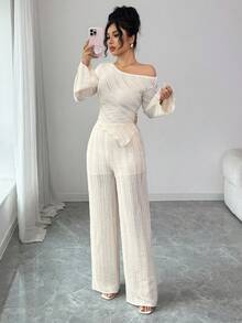 Selianne 女式不对称下摆金属扣长袖上衣和裤子优雅针织两件套 - 杏色 - 查看 7