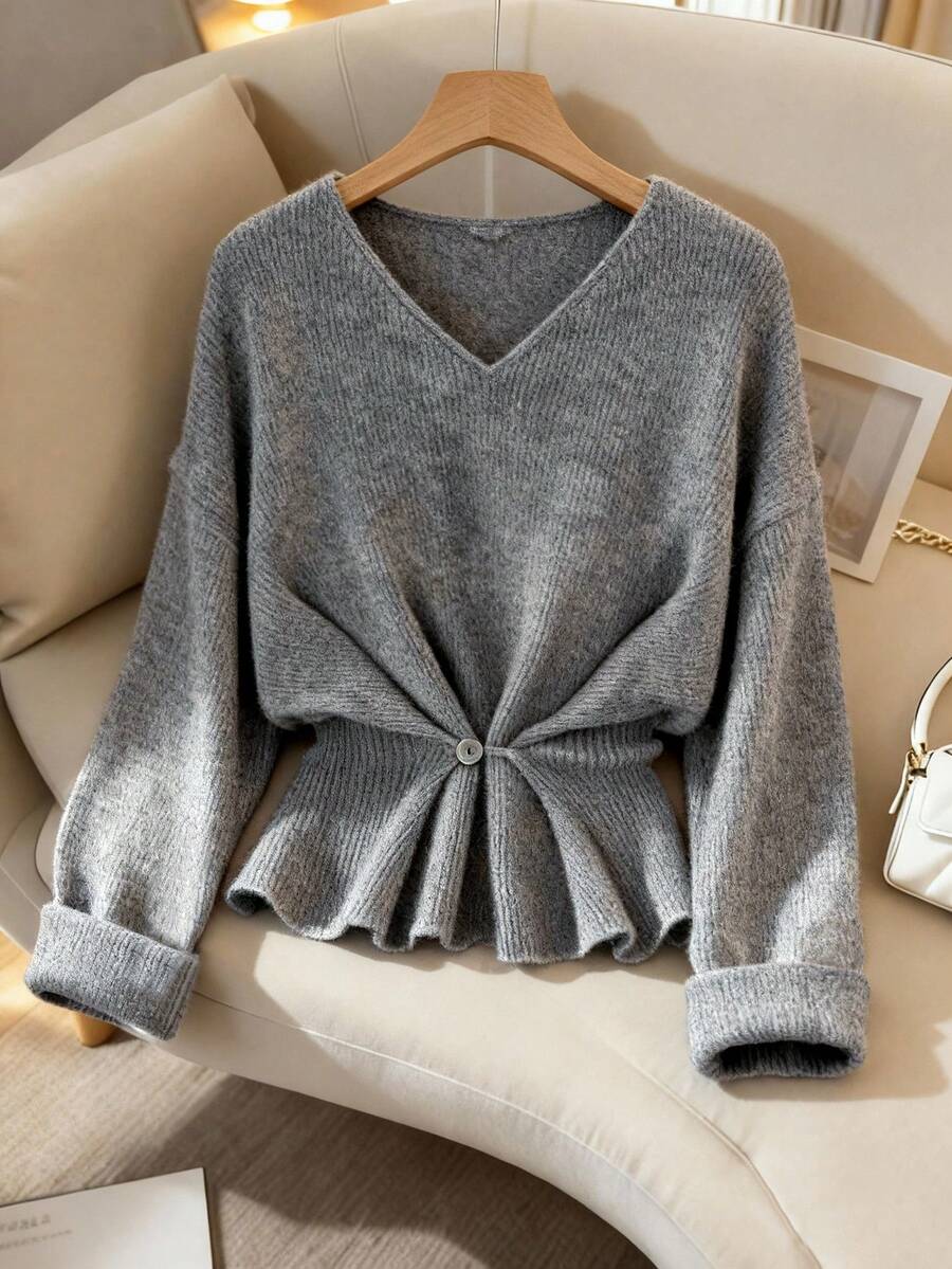 Franclia Nuovo arrivo autunnale, maglietta a maniche lunghe in maglia grigia, semplice ed elegante, con scollo a V, design unico con vita regolabile per un effetto snellente, maniche lunghe con orlo arricciato, maglietta in maglia, costume di Ognissanti, maglione invernale da donna - Grigio - Visualizzare 1