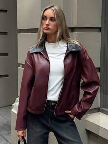 Aloruh Women's Elegant Coat,Barn-Style Color-Blocked Jacket,Fashionable & Versatile Commuter Ancla Red PU Jacket In,Women's Winter,Women's Winter Jacket,Fall For Women,Autumn For Women,New Year,Chic Women's Jacket,Burgundy Coat,Old Money Style,Casual Coat,Fall/Winter - Coffee Brown - View 1