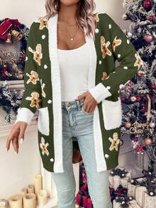 LanaWest Cárdigan con bolsillos duales y ribete de contraste con estampado de oso para ropa de Año Nuevo - Verde militar - Ver 7