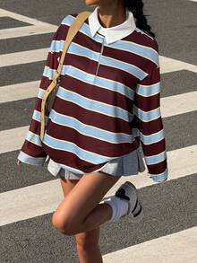 Muchica 女士休闲撞色条纹纽扣落肩T恤，秋季款 - 酒紅色 - 查看 6