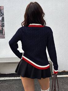 Ritzy Row 女式刺绣撞色毛衣，秋冬 - 寶藍色 - 查看 2