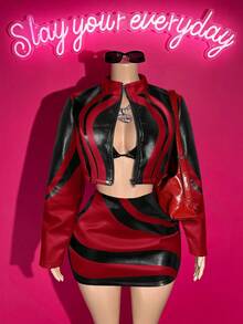 Slaydiva 2025 Autumn New Halloween Birthday Party Banquet College Style Student Daily Casual Cruise Travel Viral Streetwear Sexy Club Y2K Punk Racing Motorcycle Inspired Women 2pcs Set: Long Sleeve Fitted Jacket + Bodycon Mini Skirt, Black With Yellow PU Ink Print, Autumn/Winter - Red - View 10