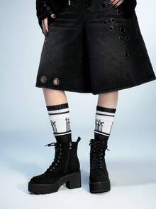 Sugerpunk 女士时尚黑色厚底摩托车中筒靴，街头风格 - 黑色 - 查看 10