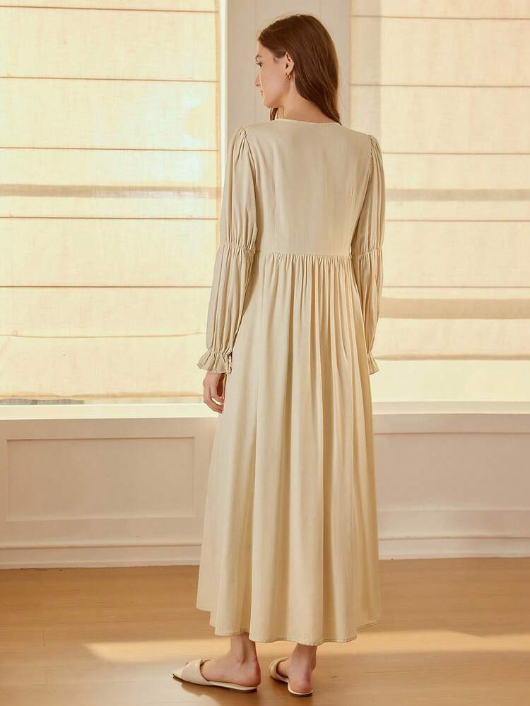 CONTRAST LACE CAMI DRESS & LANTERN SLEEVE ROBE PAJAMA SET