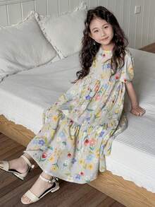 Dazy Kids Set Piyama Kasual Lengan Pendek Motif Bunga untuk Anak Perempuan Remaja, Liburan Musim Panas - MultiWarna - View 4