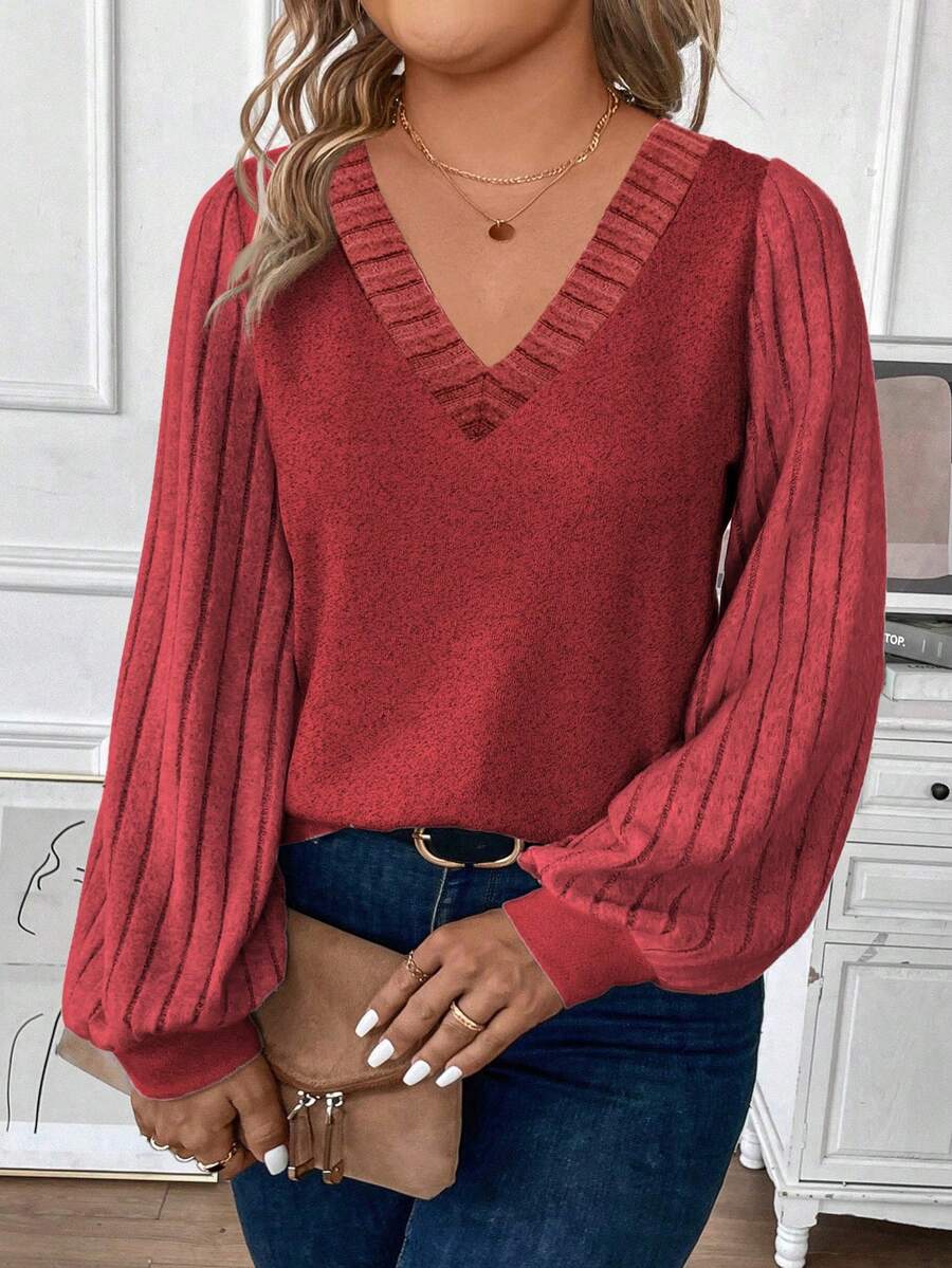 EMERY ROSE Plus Size V-Neck Ribbed Puff Sleeve Basic T-Shirt, Red, Casual Autumn/Winter Fall - Red - View 1