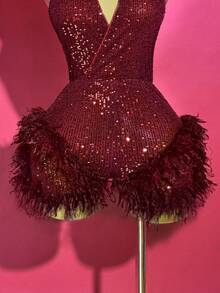 Slaydiva 2025 Winter New Style New Year Valentine's Day Party Evening Gathering Date Gathering Birthday Party Preppy Style Student Wear Everyday Street Basic Versatile Casual Cruise Travel Internet Celebrity Hot Style Elegant Commuter Business Casual Simple Y2K Punk Racing Dark Style Girlish Cool Motorcycle Style Deep V-Neck Halter Strap Sexy Open Back Burgundy Glitter Sequins Hem Furry Fall/Winter Jumpsuit Party Jumpsuit Christmas Jumpsuit New Year Jumpsuit Women's Bodysuit - Burgundy - View 5