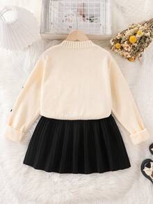 SHEIN 两件套优雅蝴蝶结针织毛衣和百褶针织裙套装，女童冬季服装 - 黑色 - 查看 2