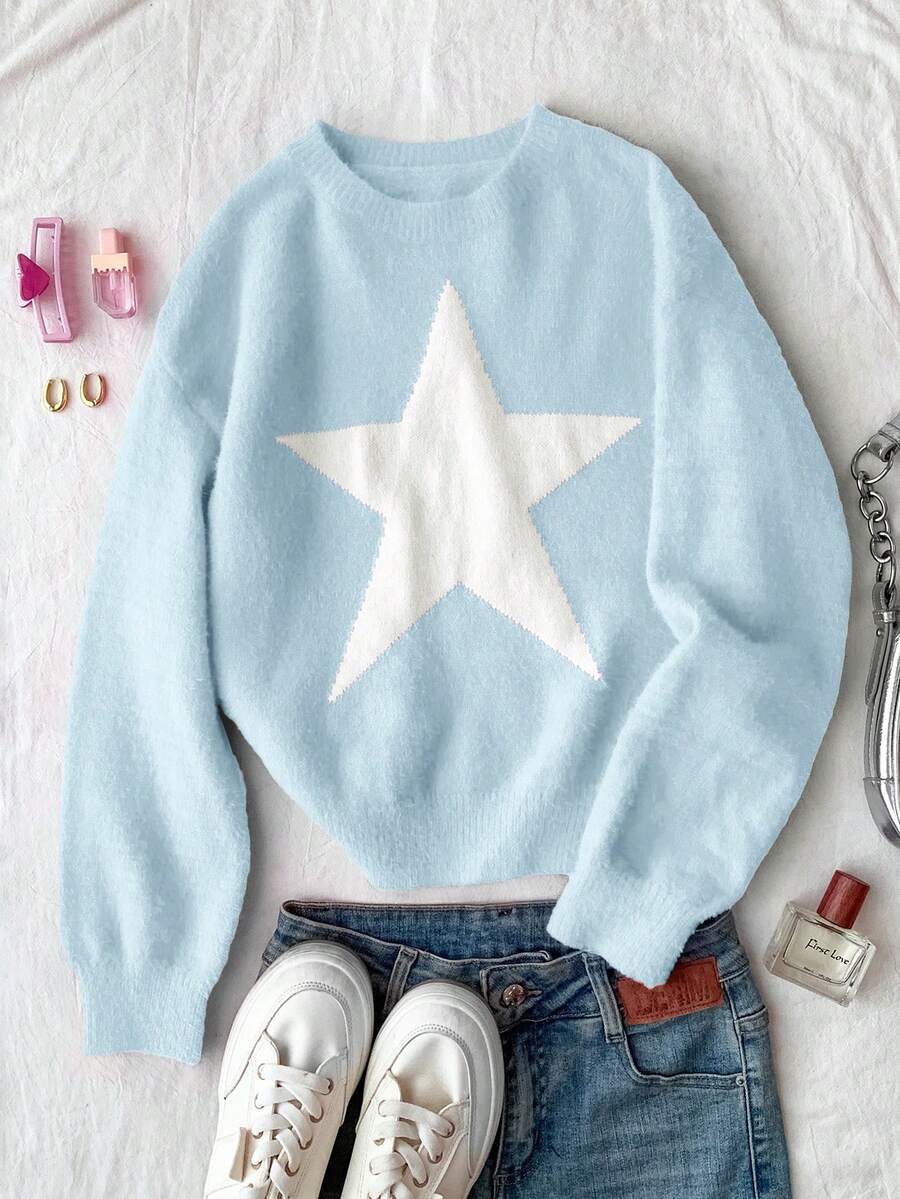 SHEIN 少女星形图案圆领落肩毛衣,休闲日常穿着,秋冬 - 淺藍色 - 查看 1