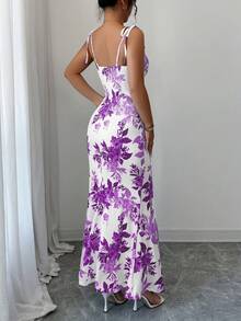Elenzga New Arrival Women's Spaghetti Strap Tie Bow Waist Ruffle Hem Slit Design Dress, Versatile For Dates, Parties, Daily Wear, Flattering & Elegant - Purple - View 2