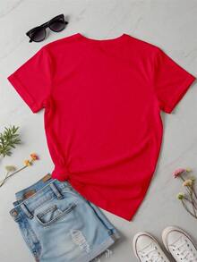 1 unidad Camiseta estampada casual, cuello redondo, manga corta,% algodón, holgada para mujer, estampada de verano con absorción de humedad, para uso diario. - Rojo - Ver 2