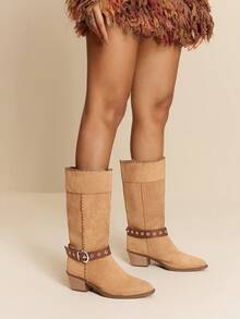 Daringsoles Damstövlar med spetsig tå och nitspänne i trendiga westernstövlar med grov klack - Brun - Visa 8