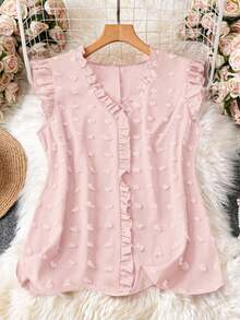 SHEIN LUNE 大码女式纯色荷叶边V领短袖休闲衬衫 - 淺粉色 - 查看 1