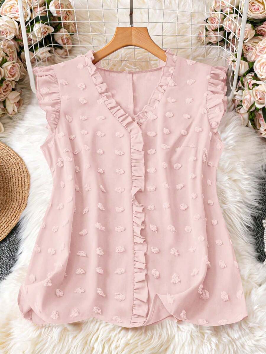 SHEIN LUNE 大码女式纯色荷叶边V领短袖休闲衬衫 - 淺粉色 - 查看 1