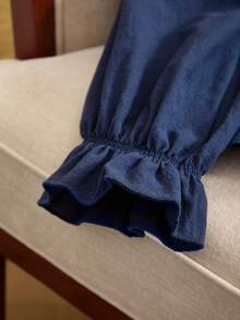 EMERY ROSE Blusa casual de manga larga con cuello redondo, volantes y bordado floral para mujer de talla grande - Azul Marino - Ver 5