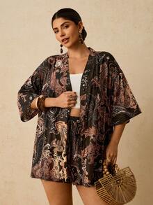 Travachic Plus Size Women Bohemian Cashew Flower & Paisley Print Cardigan And Shorts Two Pieces Outfit, Casual Holiday Beach Wear - Brown - View 5