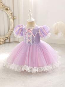SHEIN Glamorique Kids 女嬰公主風網紗洋裝，紫色、粉色與白色條紋，夏季優雅蕾絲，生日花童派對婚禮穿搭 - 紫色 - 查看 9