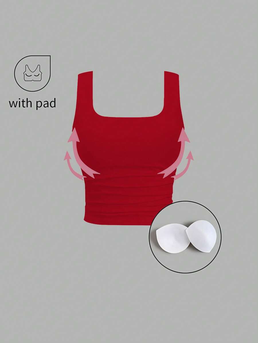 FavEase Square Neck Sleeveless Slim Fit Casual Tank Top - Red - View 1