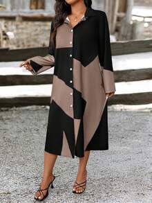 SHEIN PETITE Petite Women Geometric Print Slimming Versatile Shirt Dress - Multicolor - View 7