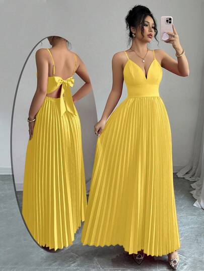 Elenzga Vestido deslizante elegante de un solo color con espalda descubierta y nudo a la cintura para mujeres