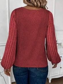 EMERY ROSE Plus Size V-Neck Ribbed Puff Sleeve Basic T-Shirt, Red, Casual Autumn/Winter Fall - Red - View 2