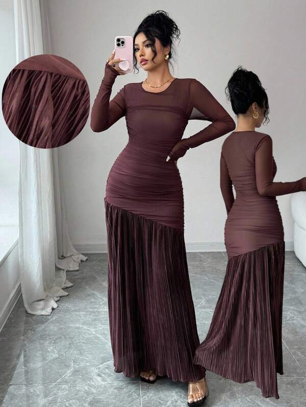 Rafferiza Women's Elegant Fitted Round Neck Solid Color Long Sleeve Knit Mesh Patchwork Pleated Hem Dress