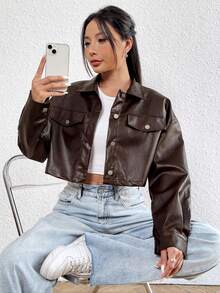 SHEIN EZwear 女士棕色纯色极简短款PU皮夹克，长袖 - 棕色 - 查看 3