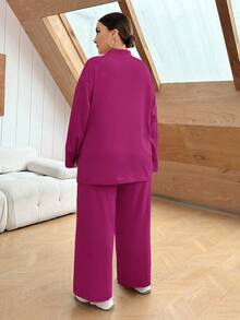 SHEIN Essnce Plus Size Women Solid Color Dropped Shoulder Long Sleeve Top And Wide Leg Pants Casual 2-Piece Set