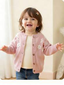 SHEIN Cute Floral Pattern Pink Cardigan, Versatile For Autumn/Winter, Babygirl