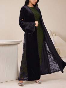 Veilorie 女士撞色蕾丝长袖优雅长袍 - 紫色 - 查看 4