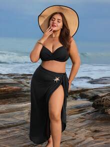 Swim Oasis Plus Size Women Swimsuit Cover Up Bamboo Leaf One-Piece Dress, Beach Starfish Metal Brooch Decor, For Swimming Pool & Sunbathing - Black - View 1