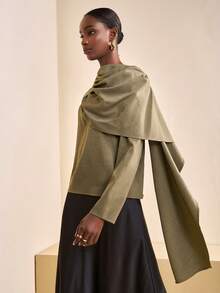 Zivah 2025 Autumn/Winter New Year, Valentine's Day, Party, Banquet, Date, Birthday Party, College Style, Student Wear, Daily Outings, Basic Versatile, Casual, Cruise Travel, Trending, Elegant, Commute, Business Casual, Minimalist, Round Neck Long Sleeve, Front Pleated, Left Shoulder Draped Tie, Metal Decor Button On Shoulder, Loose Straight Cut, Dark Brown Bamboo Fabric, Elegant Blouse, Commuter Blouse, Women's Blouse - Rust Brown - View 4