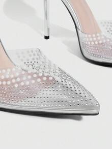 CUCCOO SZL Giày cao gót đế xuồng đính đá pha lê màu mơ cho nữ - Bạc - Xem 4