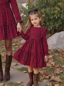 Emery Rose Kids 少女 小女孩 双胞胎女孩 格子宽松可爱休闲格子图案荷叶边荷叶袖灯芯绒法式连衣裙，长袖连衣裙，秋冬格子连衣裙，夏秋，非常适合休闲日常穿着和上学日常穿着，母女和姐妹装。 - 酒紅色 - 查看 3