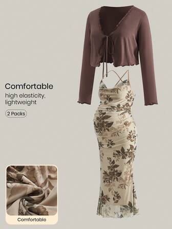 Modmama Set de maternidad de 2 piezas: Blusa de manga larga con volantes y lazo en unicolor y vestido largo con estampado floral de tirantes finos