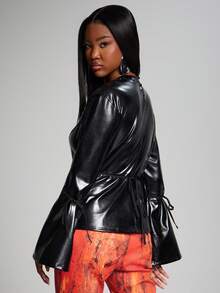 NYA SZN Black Faux Leather Jacket For Women,Autumn Boyish Club Streetwear,Long Flare Sleeve Cinch Waist Zip Up Top,Vintage 90s Y2K Gyaru Holiday Festival - Black - View 2