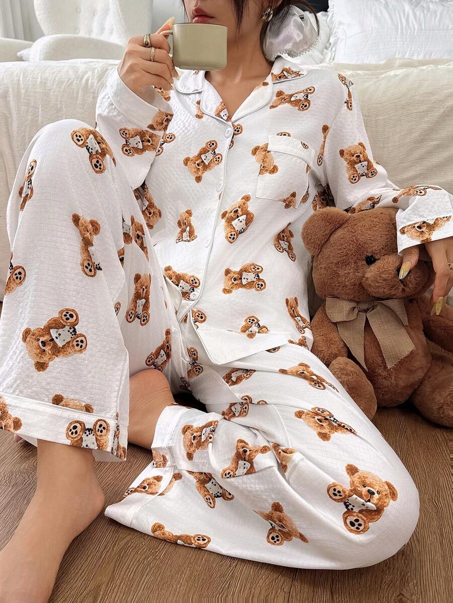 SHEIN Women's New Cartoon Bear Print Casual Long Sleeve Pajama Set, Autumn/Winter - White - View 1