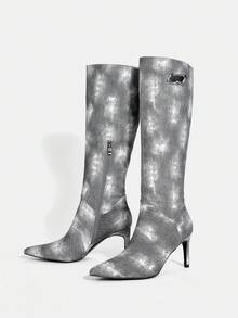 Women's Tie-Dye Pointed Toe Side Zipper Design Fashion High Heel Mid-Calf Boots - Grey - View 2