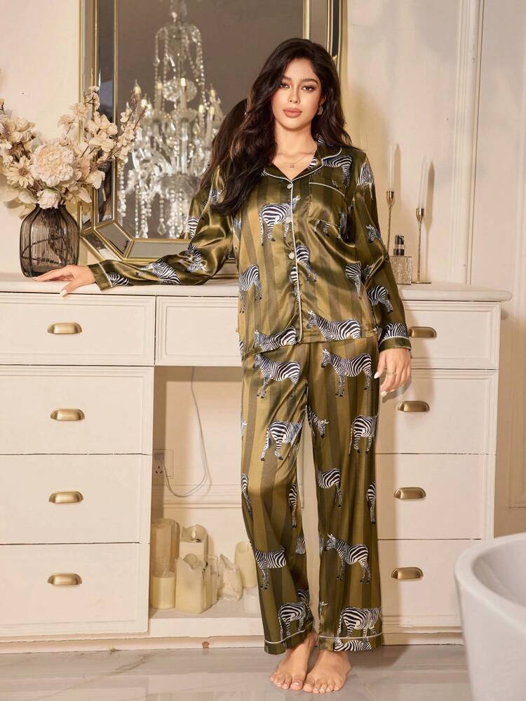 LuxeNights Women's Luxurious Olive Green Satin Zebra Print Pajama Pants Set With Long Sleeves And Collar Detail - Olive Green - View 2