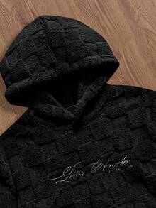 SWAVVY 男士时尚棋盘格纹抓绒刺绣连帽衫，秋冬季长袖上衣 - 黑色 - 查看 3