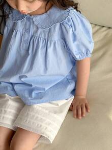 Dazy Kids Conjunto de 2 piezas para niñas con blusa de manga abullonada y shorts de unicolor, atuendo de verano para niñas - Azul - Ver 6