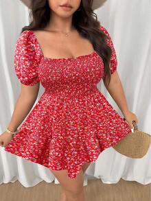 Flirla Váy ngắn chữ A họa tiết hoa cỡ lớn, phong cách thường ngày ngày lễ - Đỏ - Xem 7