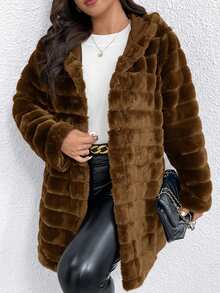 SHEIN Clasi Giacca con cappuccio in pelliccia sintetica di lusso casual per donne taglie forti