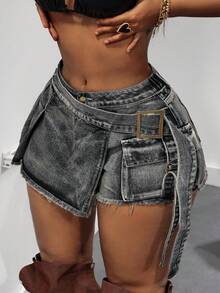 Slaydiva 大码女式腰带扣设计时尚牛仔工装短裙 - 灰色 - 查看 1