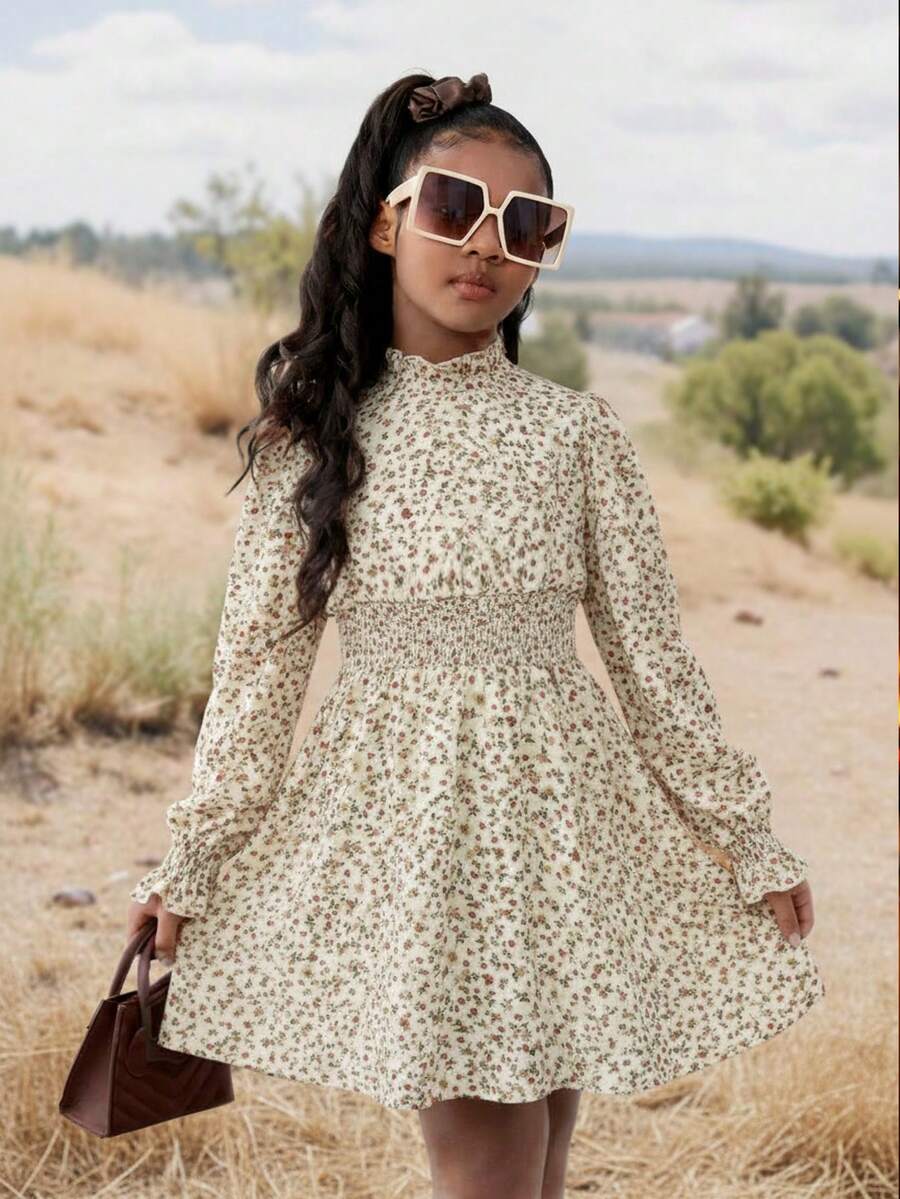 SHEIN Tween Girls' Casual Ditsy Floral Long Sleeve Woven Dress Thanksgiving Suitable For Autumn/Winter Long Sleeve Dresses Suitable For Daily, Celebration, Autumn & Winter Outfits For Easy Comfort, Autumn & Winter Layers For Girls, Stylish Girls