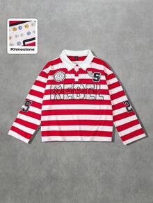 ROMWE MEN Men's Preppy Sequin Diamond Striped Polo Shirt, Loose Fit - Red - View 1