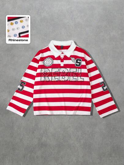 Men's Preppy Sequin Diamond Striped Polo Shirt, Loose Fit