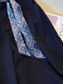 Franclia 新款休闲通勤日常百搭宽松口袋弹力腰显瘦纯色藏蓝色时尚女裤 - 藏蓝色 - 查看 7