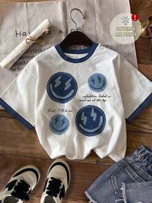 SHEIN EZwear 女士休闲简约笑脸贴花印花圆领短袖宽松T恤